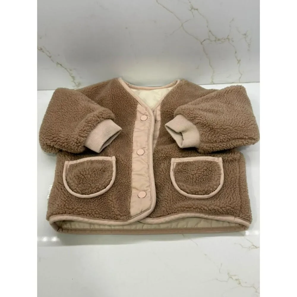 Kids Reversible Sherpa Quilted Neutral Brown Cream Snap Jacket